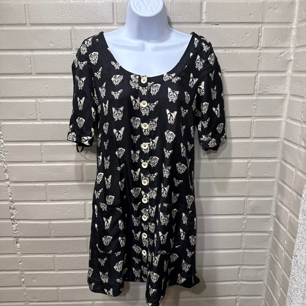 Maeve Cavorting Canines Silk Sheath Dress Tunic Black White Dog Frenchie Pug XS